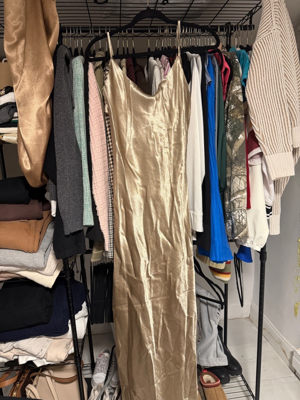 Satin Gold Slip Maxi Dress with Spaghetti Straps - Picture 3 of 4